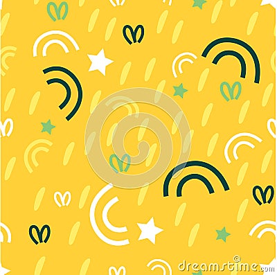 Seamless pattern on yellow Sunny background with grass, stars, curls. Design of fabrics, Wallpapers, textiles Vector Illustration